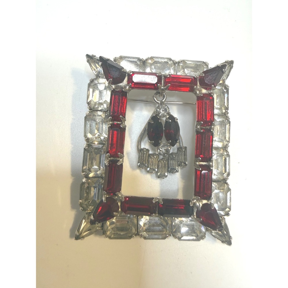 Vintage Red Clear Rhinestone Rectangular Frame Brooch with Dangle Pendant Silver